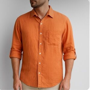 Tasso Elba Island Mens Orange Linen-Blend Button-Up Shirt L 16-16.5 Roll sleeve